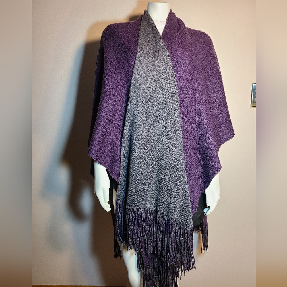 Reversible wrap poncho shawl purple gray